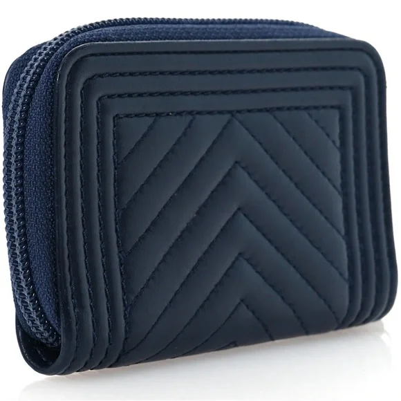 CHANEL Dark Blue Chevron Leather Wallet Coin Purse - Picture 2 of 11